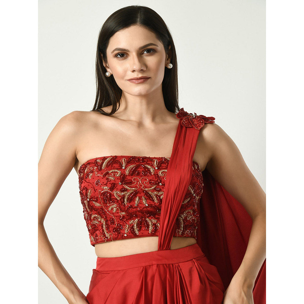 Sunanta Madaan Red Pre-draped Saree with Strapless Corset Sequined with Stitched Blouse