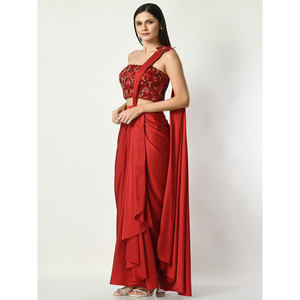 Sunanta Madaan Red Pre-draped Saree with Strapless Corset Sequined with Stitched Blouse