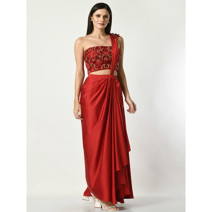 Sunanta Madaan Red Pre-draped Saree with Strapless Corset Sequined with Stitched Blouse
