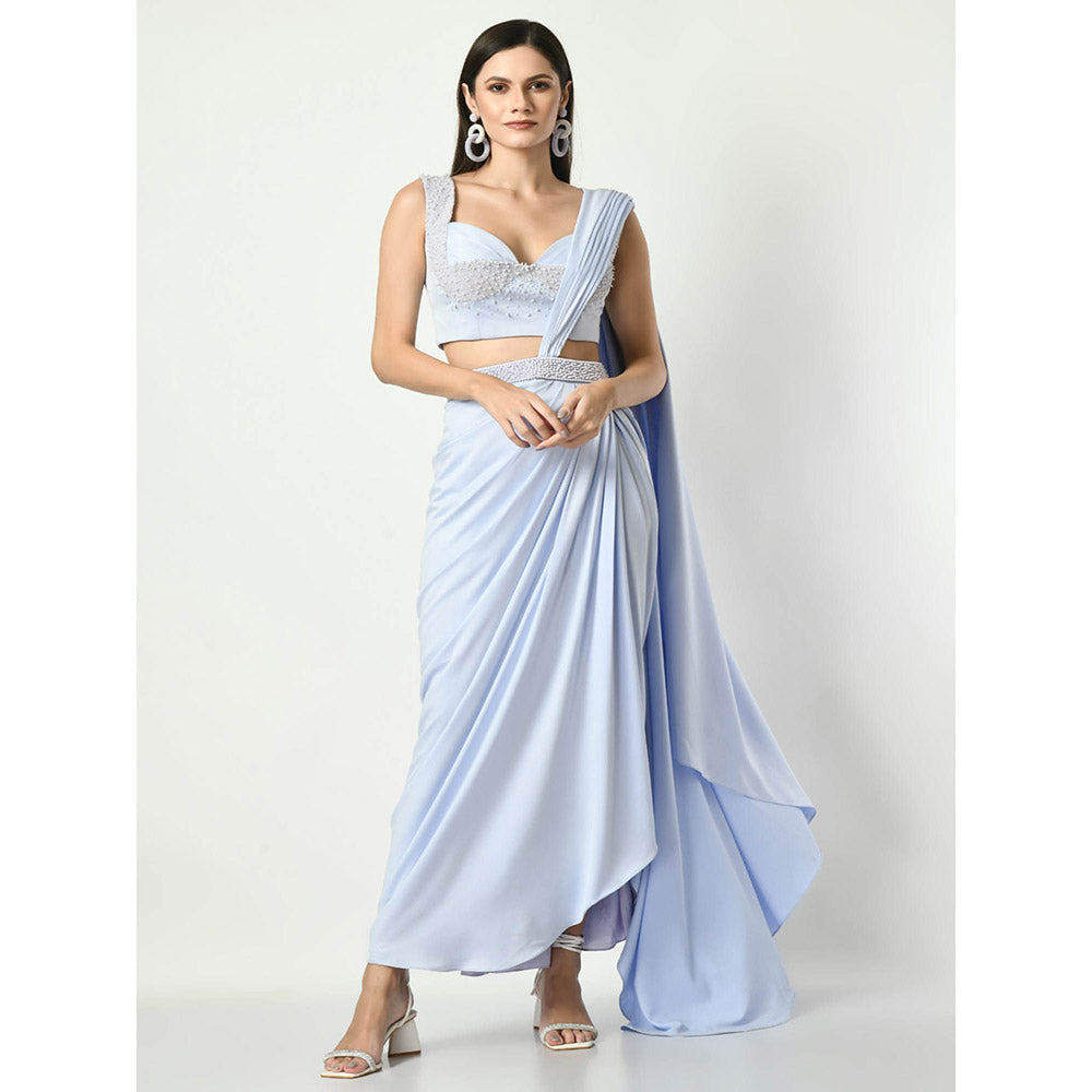 Sunanta Madaan Blue Pearl Embroidered Skirt with Attached Draped and Blouse (Set of 2)