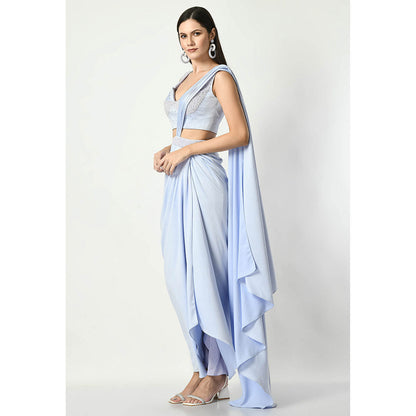 Sunanta Madaan Blue Pearl Embroidered Skirt with Attached Draped and Blouse (Set of 2)