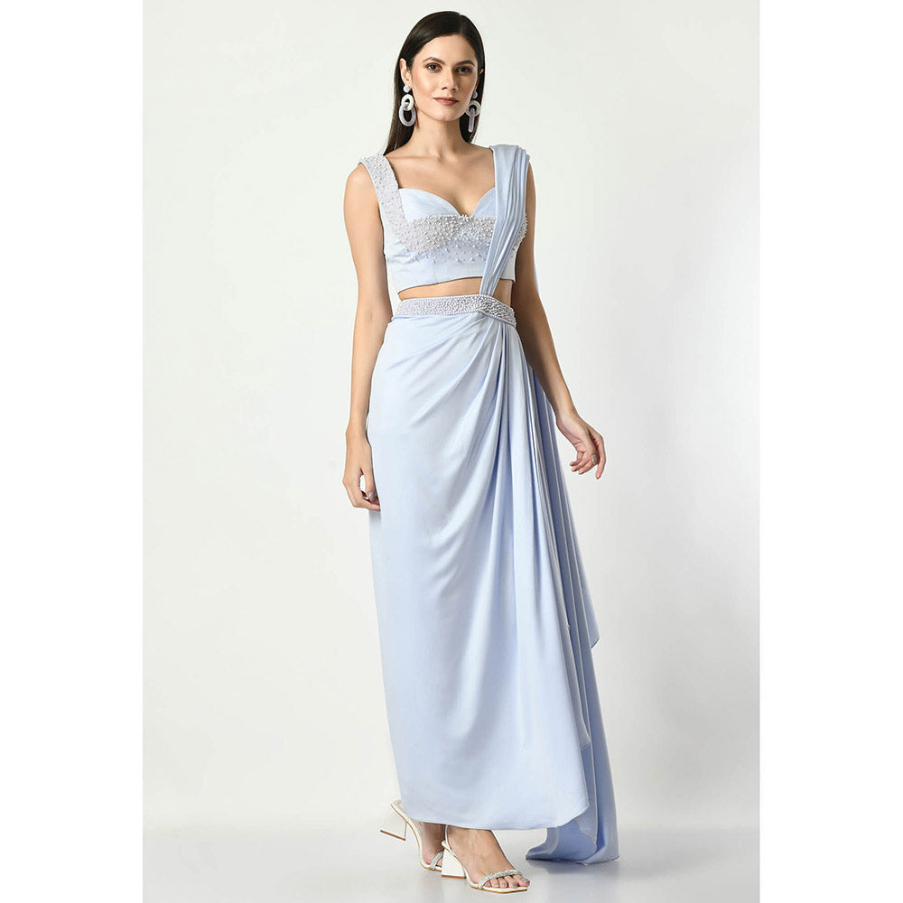 Sunanta Madaan Blue Pearl Embroidered Skirt with Attached Draped and Blouse (Set of 2)