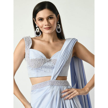 Sunanta Madaan Blue Pearl Embroidered Skirt with Attached Draped and Blouse (Set of 2)