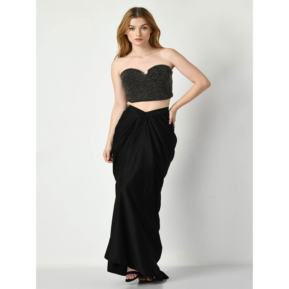 Sunanta Madaan Black Beads Embroidered Crop Top with Skirt (Set of 2)