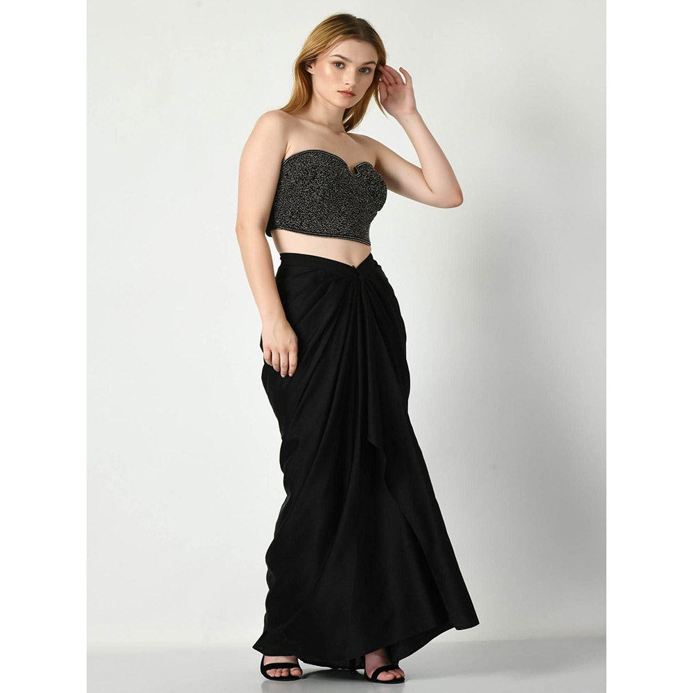 Sunanta Madaan Black Beads Embroidered Crop Top with Skirt (Set of 2)