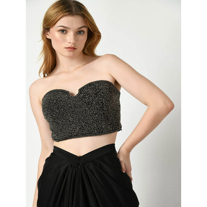 Sunanta Madaan Black Beads Embroidered Crop Top with Skirt (Set of 2)