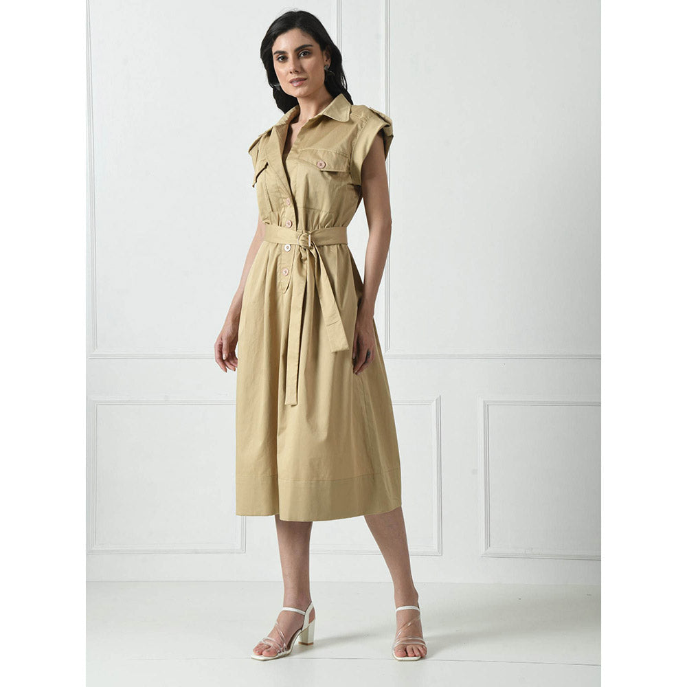 Sunanta Madaan Luxury Cotton Dress In Beige Colour with Belt (Set of 2)