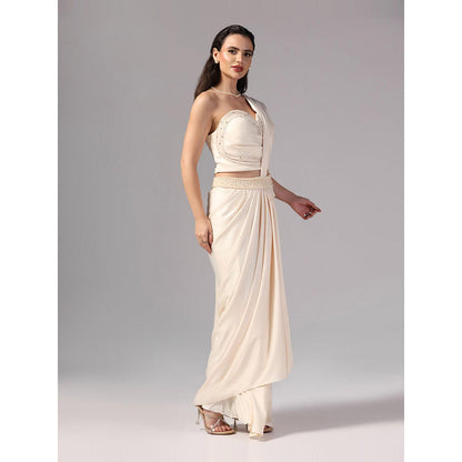 Sunanta Madaan Ivory Indo Western Pre-Draped Saree with Stitched Blouse