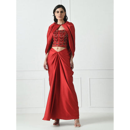 Sunanta Madaan Red Indo Western Skirt with Crop Top and Cape (Set of 3)