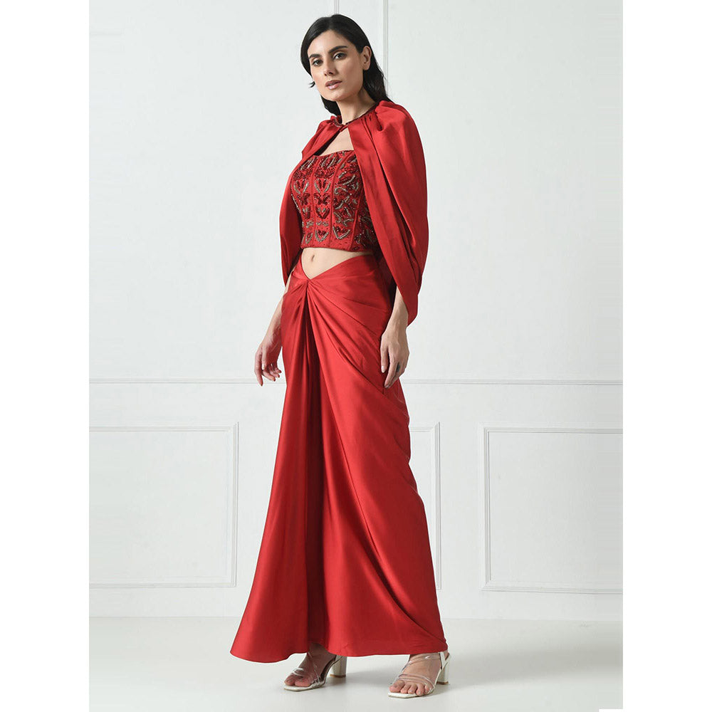 Sunanta Madaan Red Indo Western Skirt with Crop Top and Cape (Set of 3)