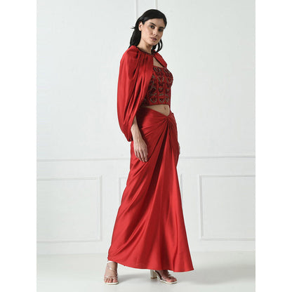 Sunanta Madaan Red Indo Western Skirt with Crop Top and Cape (Set of 3)