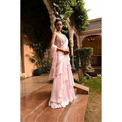 Sunanta Madaan Pink Ruffle Indo Western Pre-Drape Saree with Stitched Blouse