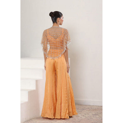 Sunanta Madaan Orange Satin Organza Embroidered Sharara with Blouse and Cape
