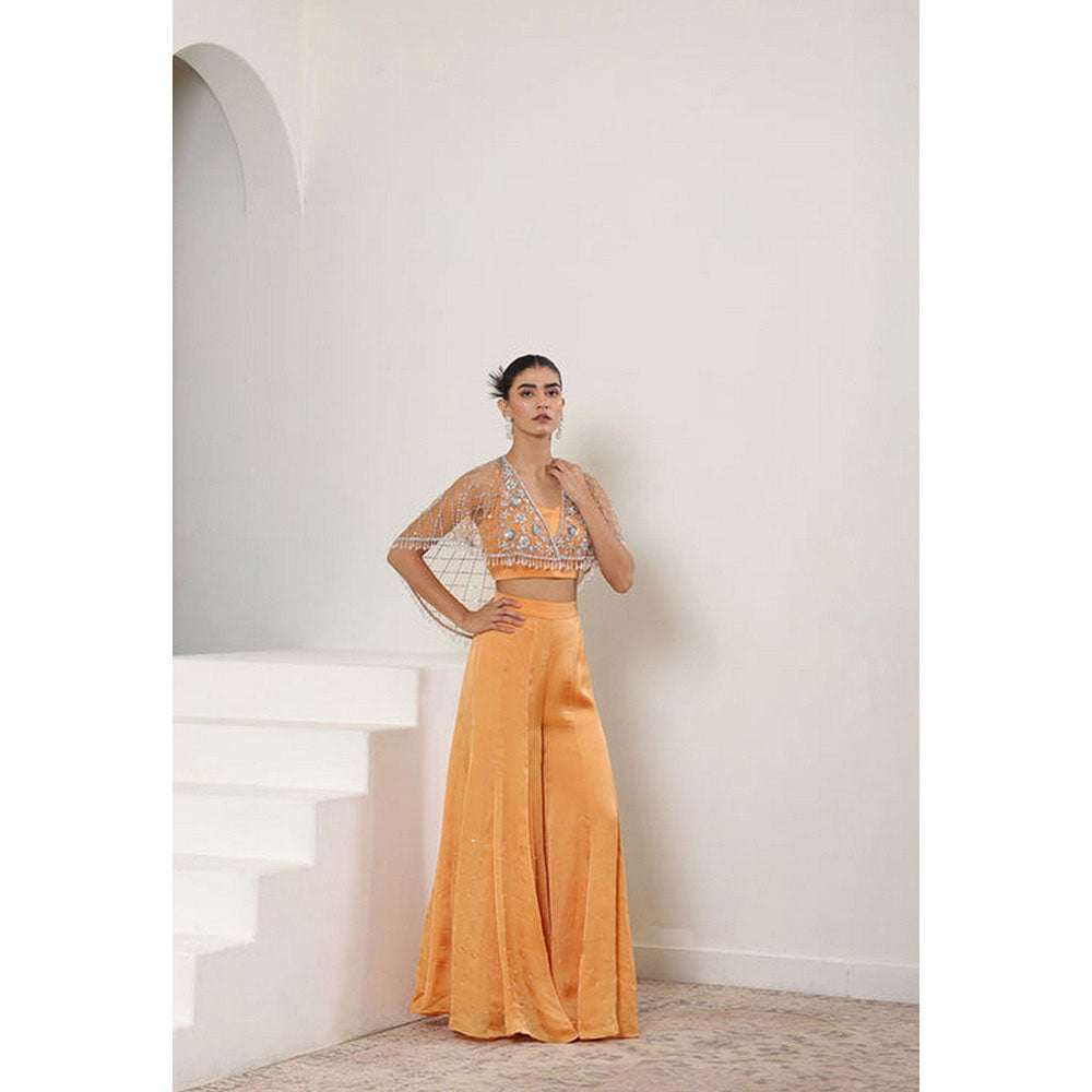 Sunanta Madaan Orange Satin Organza Embroidered Sharara with Blouse and Cape