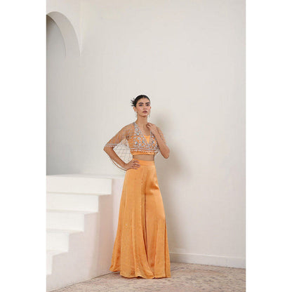 Sunanta Madaan Orange Satin Organza Embroidered Sharara with Blouse and Cape