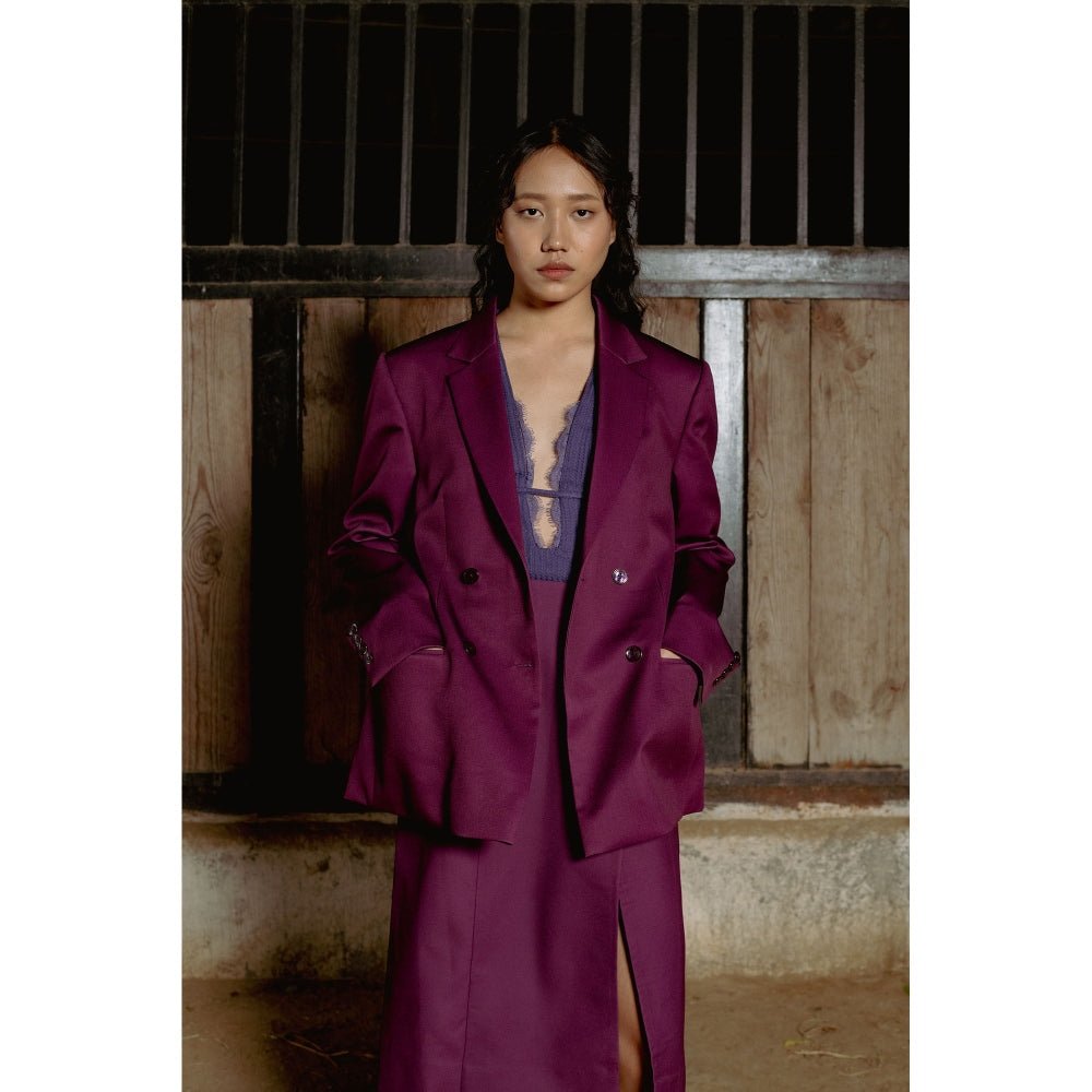 LABEL RAASA Burgundy Keiko Blazer with Top and Skirt (Set of 3)