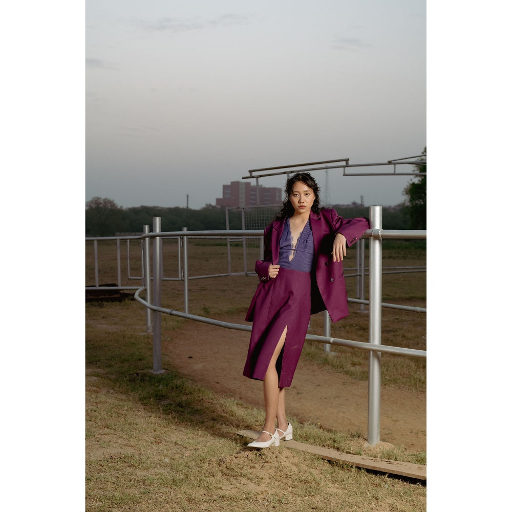 LABEL RAASA Burgundy Keiko Blazer with Top and Skirt (Set of 3)