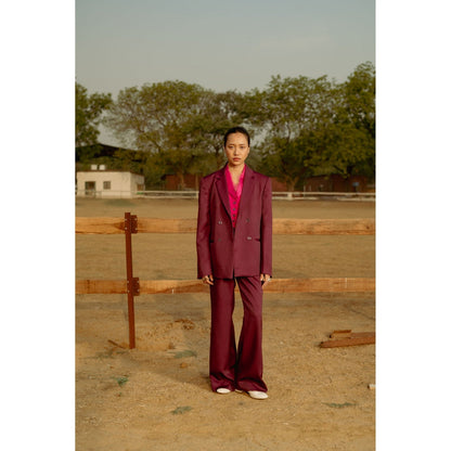LABEL RAASA Burgundy Blazer with Pant (Set of 2)