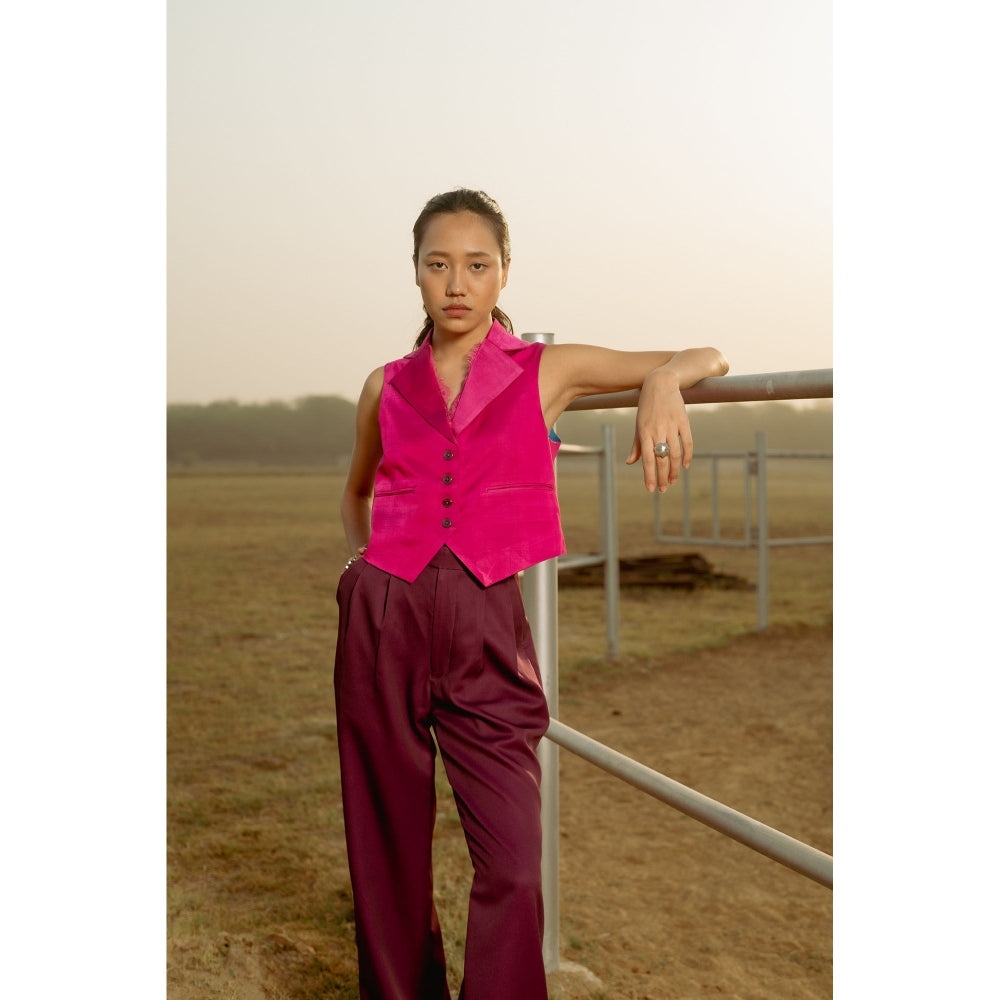 LABEL RAASA Burgundy Blazer with Pant (Set of 2)