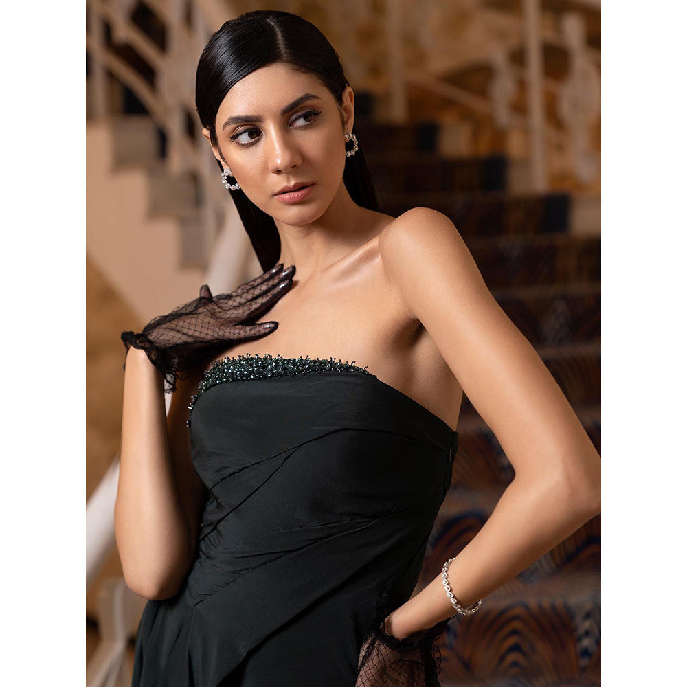 LABEL RUHBAB Green Embroidered Sequins Draped Top