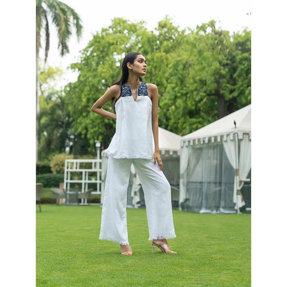 LABEL RUHBAB White Pure Linen Fluid Top and Pant (Set of 2)