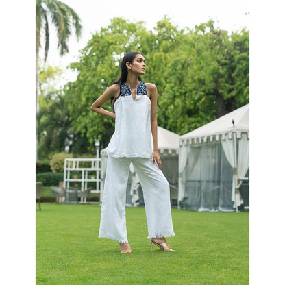 LABEL RUHBAB White Pure Linen Fluid Top and Pant (Set of 2)