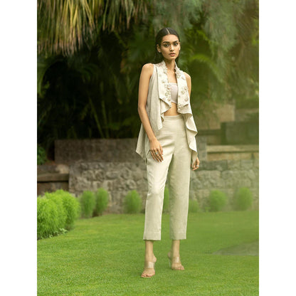 LABEL RUHBAB Beige Pure Linen Jacket with Pant (Set of 2)