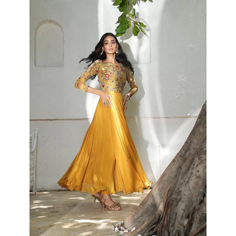 LABEL RUHBAB Mustard Silk Chiffon Anarkali with Pant and Net Dupatta (Set of 3)