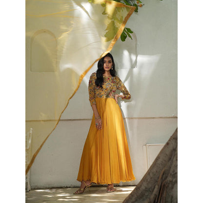LABEL RUHBAB Mustard Silk Chiffon Anarkali with Pant and Net Dupatta (Set of 3)