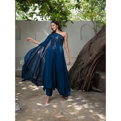 LABEL RUHBAB Blue One Shoulder Draped Silk Crepe Anarkali with Pant (Set of 2)