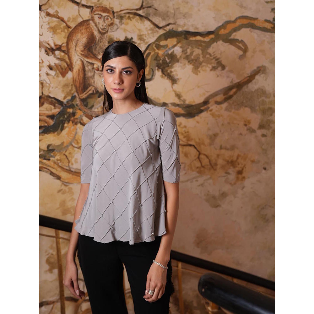 LABEL RUHBAB Grey Silk Crepe Top with Pintuck Detailing