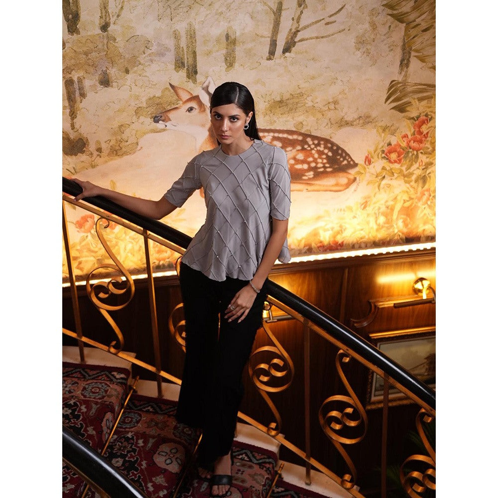 LABEL RUHBAB Grey Silk Crepe Top with Pintuck Detailing
