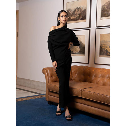 LABEL RUHBAB Black Drop Shoulder Crystal Hand Embroidery Co-Ord (Set of 2)