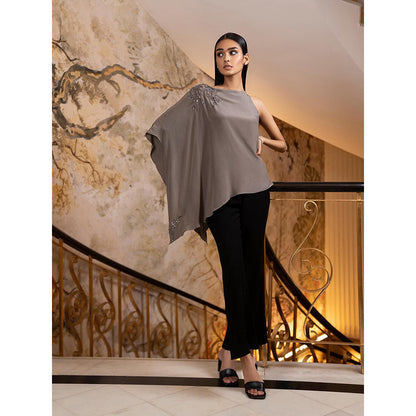 LABEL RUHBAB Grey Asymmetrical Silk Crepe Draped Top