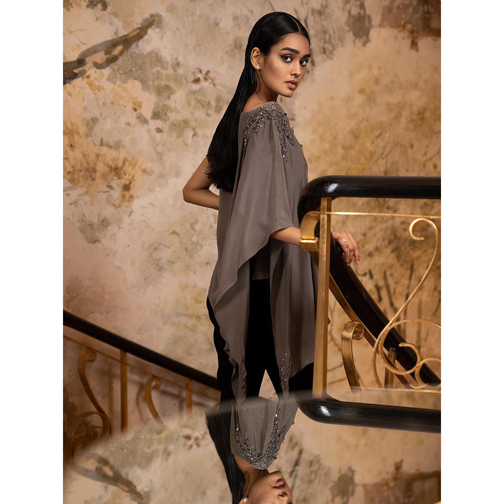 LABEL RUHBAB Grey Asymmetrical Silk Crepe Draped Top