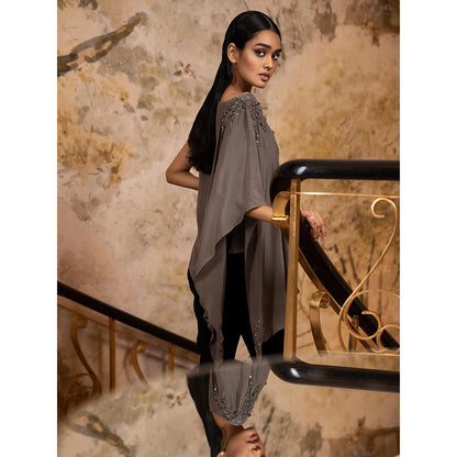 LABEL RUHBAB Grey Asymmetrical Silk Crepe Draped Top