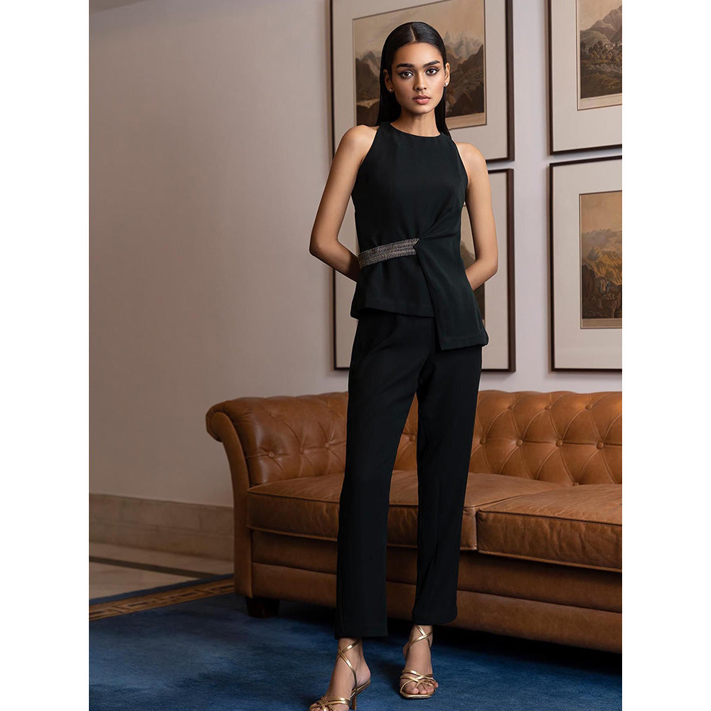 LABEL RUHBAB Green Asymmetrical Top with Attached Belt and Pant (Set of 2)
