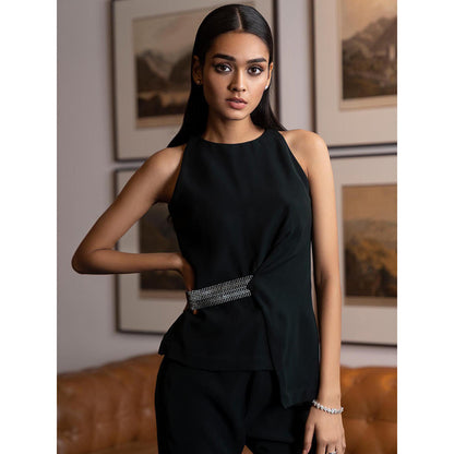 LABEL RUHBAB Green Asymmetrical Top with Attached Belt and Pant (Set of 2)