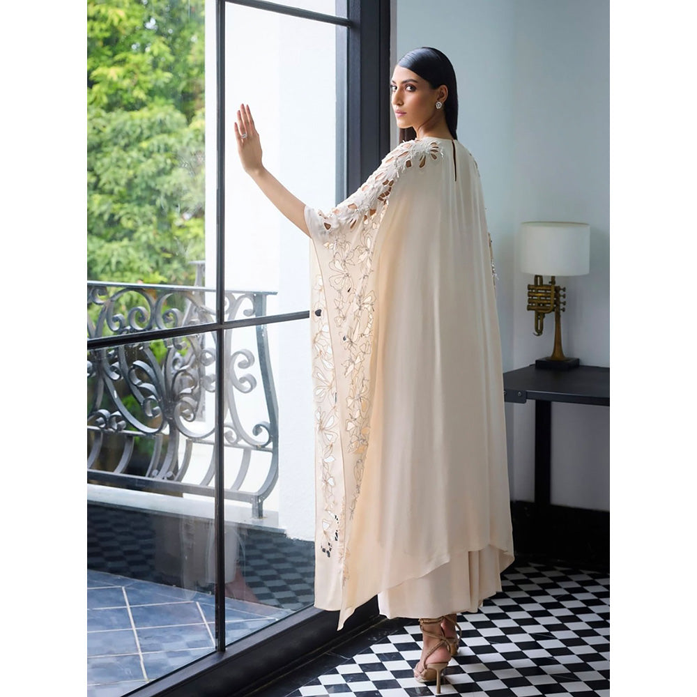 LABEL RUHBAB Ivory Premium Silk Georgette Kaftan and Pant (Set of 2)