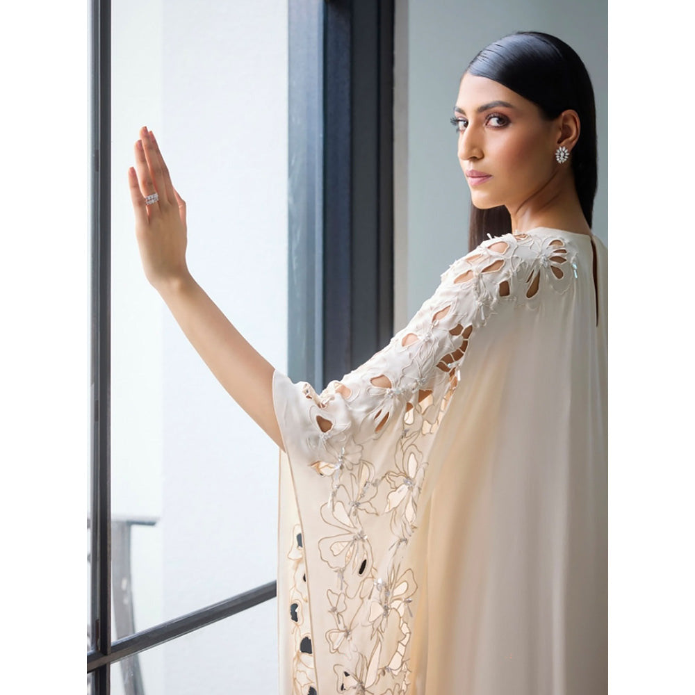 LABEL RUHBAB Ivory Premium Silk Georgette Kaftan and Pant (Set of 2)