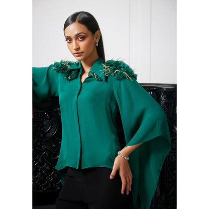 LABEL RUHBAB Silk Georgette 3D Organza Feather & Crystal Embroidery Top