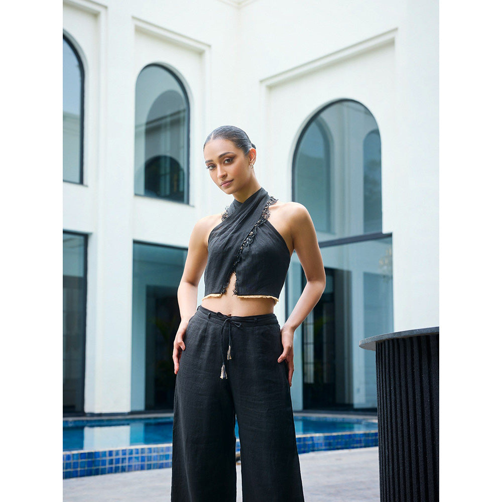 LABEL RUHBAB Sequin Jute Hand Embroidery Linen Halter Top and Pant (Set of 2)