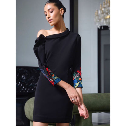 LABEL RUHBAB Black Draped Drop Shoulder Ruffled Neck Dress