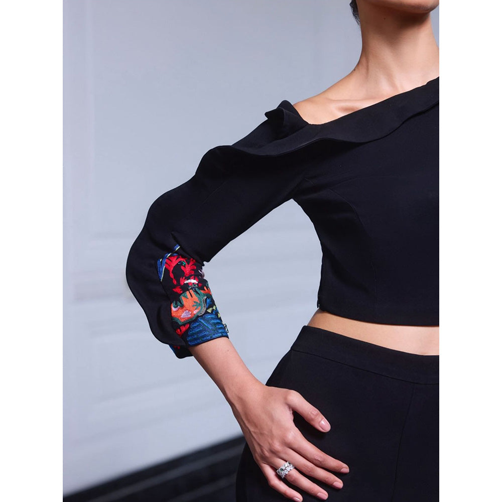 LABEL RUHBAB Black Drop Shoulder Top and Pant (Set of 2)