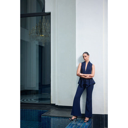 LABEL RUHBAB Panelled Collar Peplum Top and Pant (Set of 2)