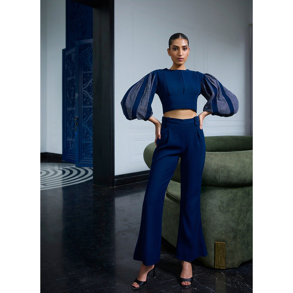 LABEL RUHBAB Draped Panelled Balloon Sleeves Crop Top and Pant (Set of 2)