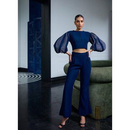 LABEL RUHBAB Draped Panelled Balloon Sleeves Crop Top and Pant (Set of 2)