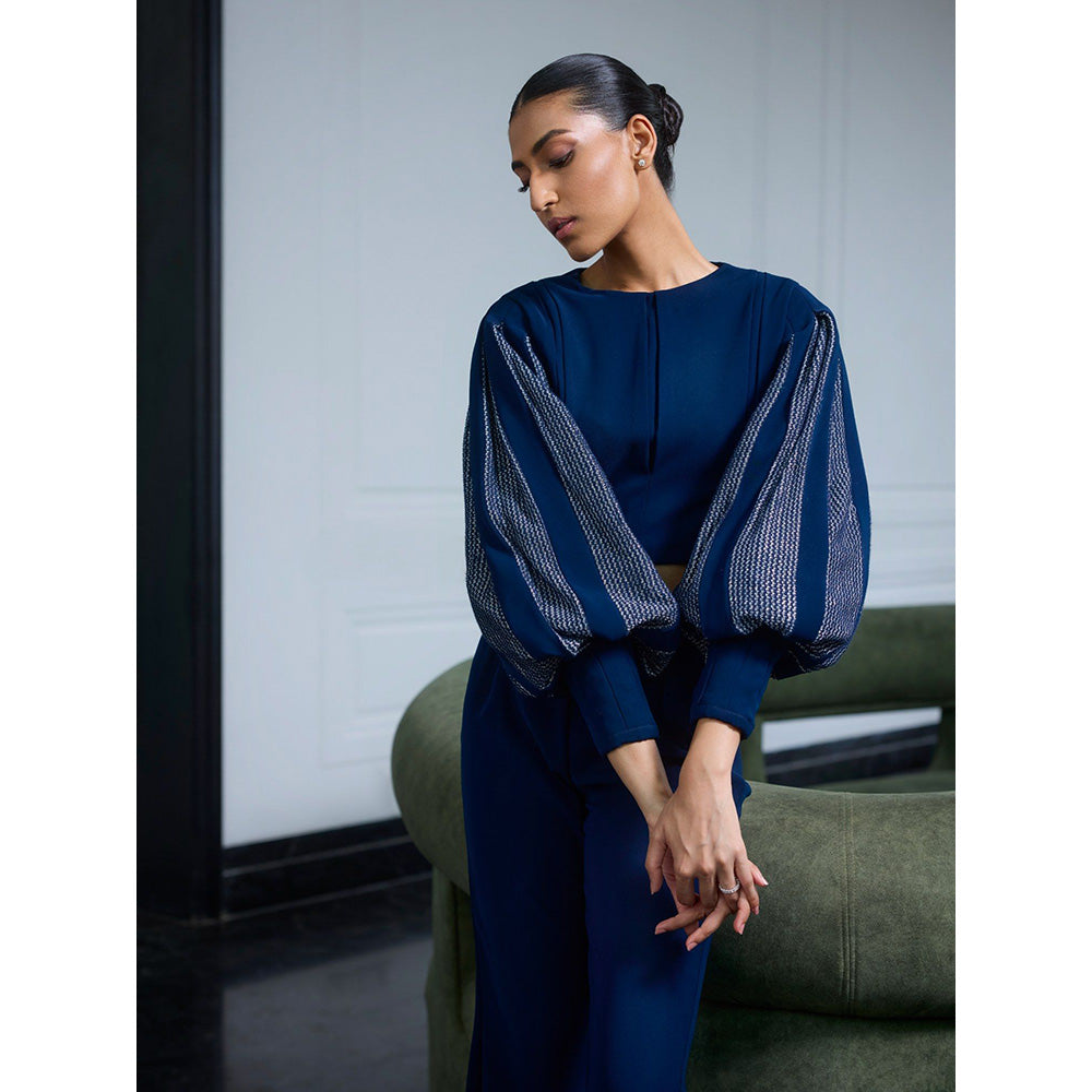 LABEL RUHBAB Draped Panelled Balloon Sleeves Crop Top and Pant (Set of 2)