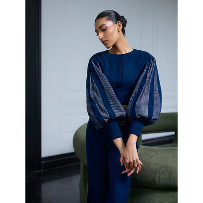 LABEL RUHBAB Draped Panelled Balloon Sleeves Crop Top and Pant (Set of 2)