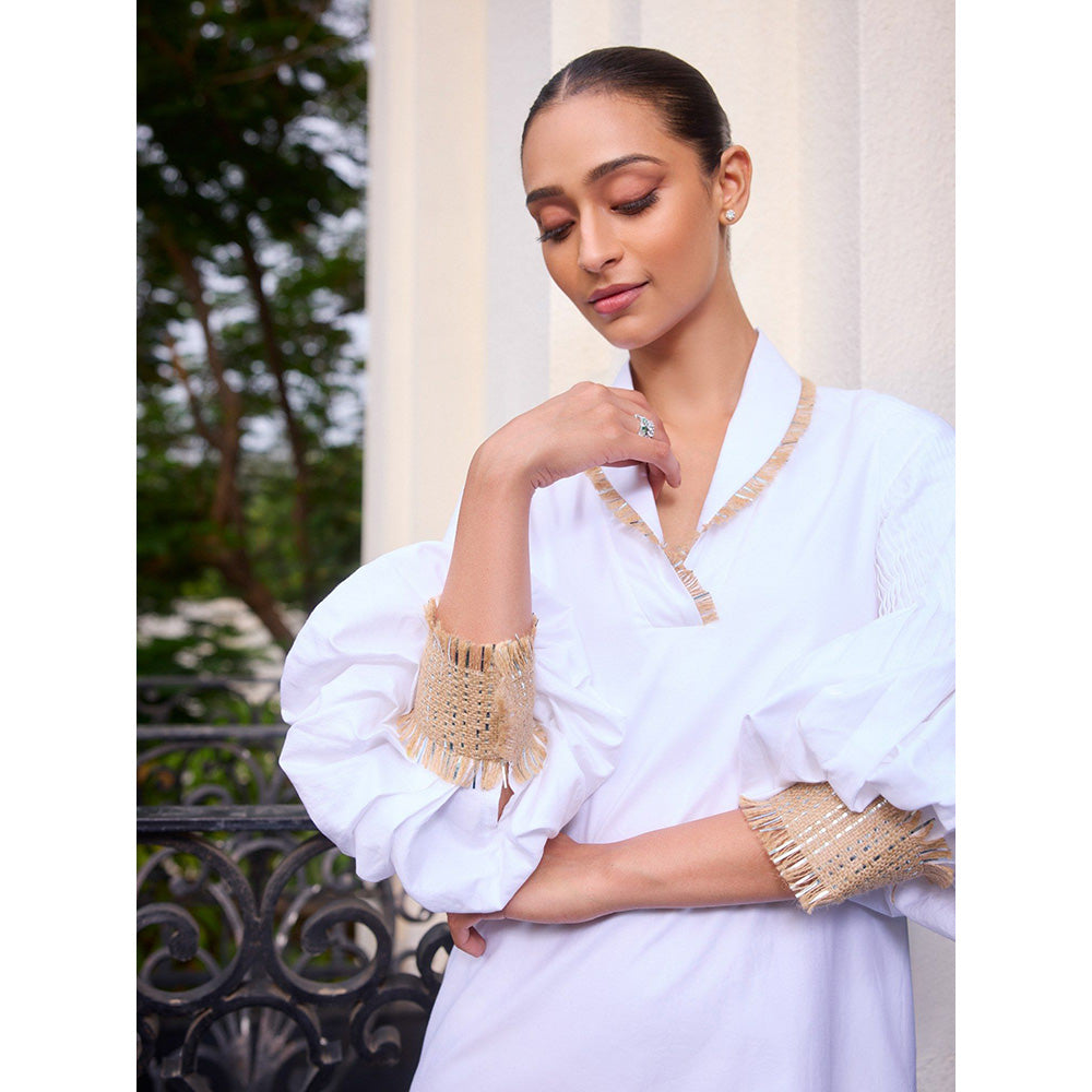 LABEL RUHBAB Pin-Tucked Balloon Sleeves & Hand Embroidered Jute Cuffs Dress